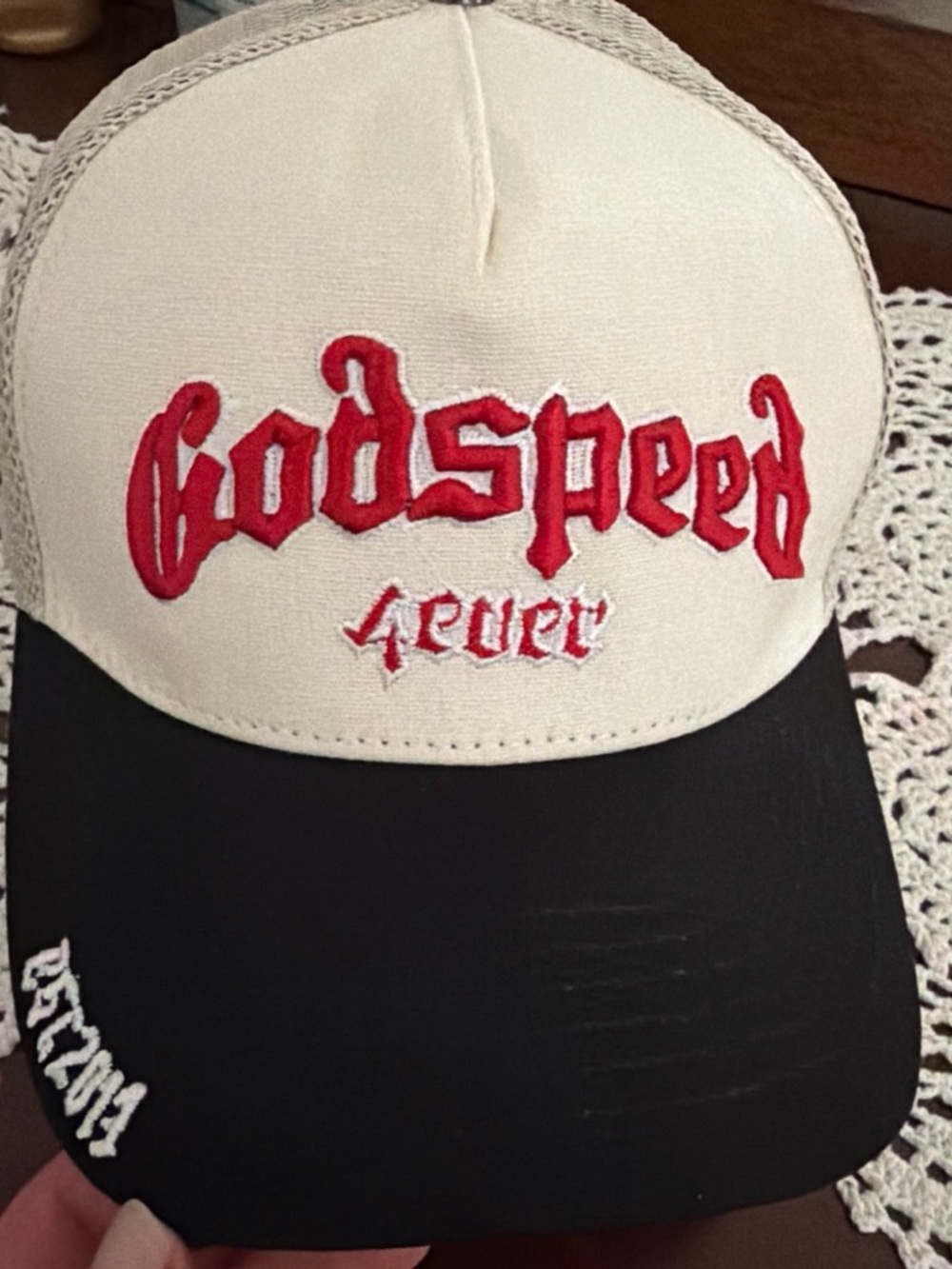Godspeed Fever Embroidered Two-Tone Trucker Hat - Red, Cream, Black
